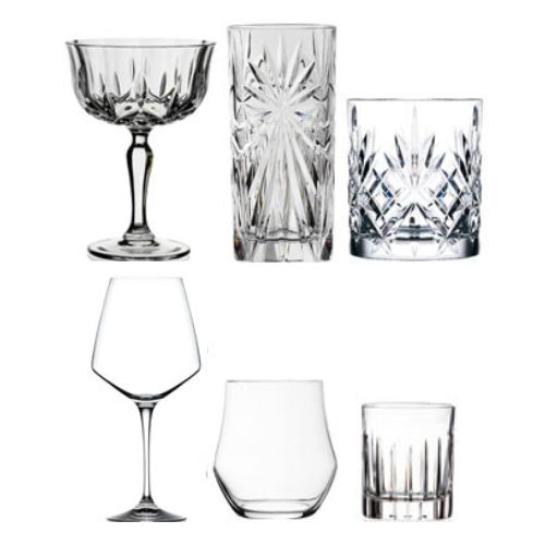 6 krystalglas i forskellige størrelser og forskellige typer.